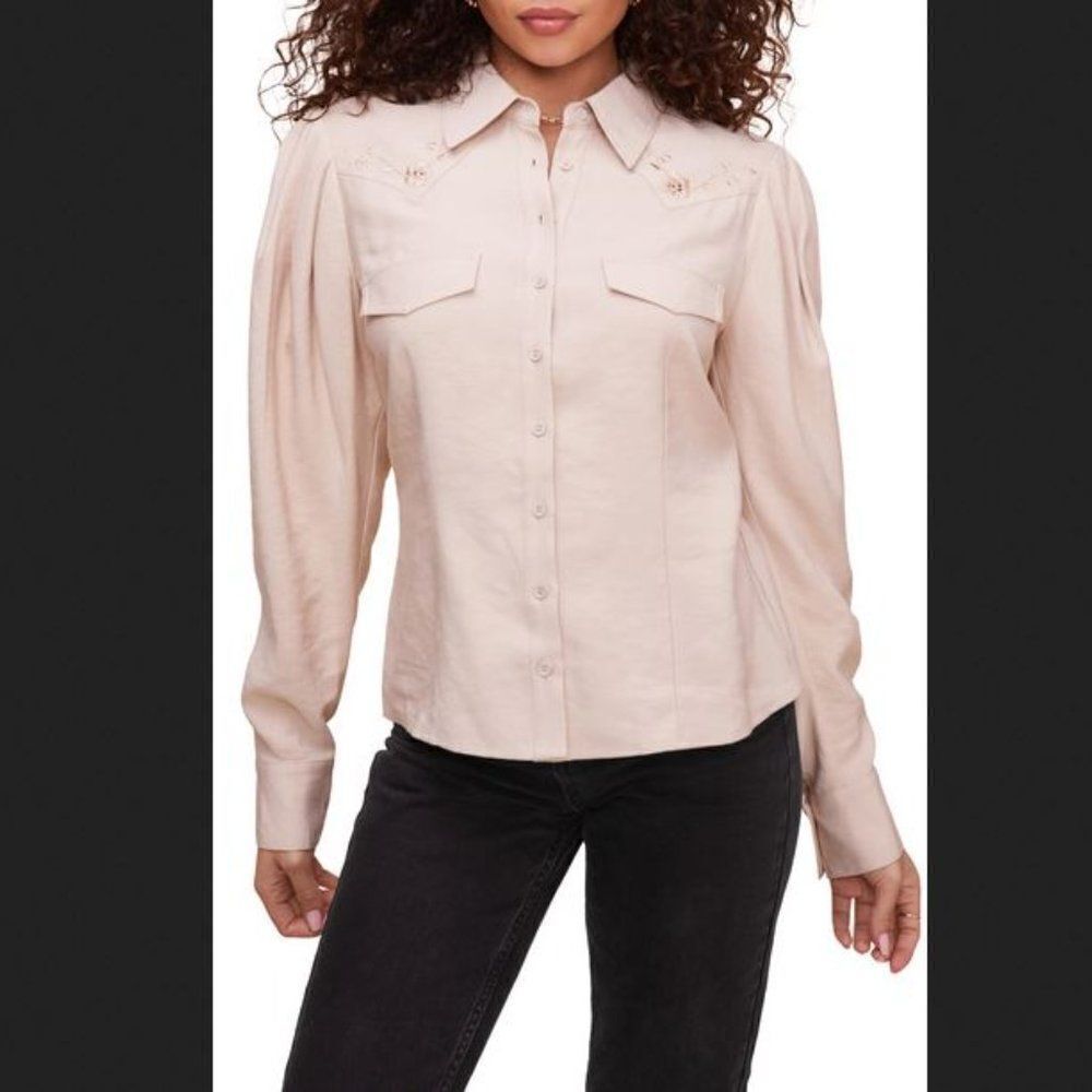 ASTR The Label Beige Embroidered Western Button Up Shirt Size XS